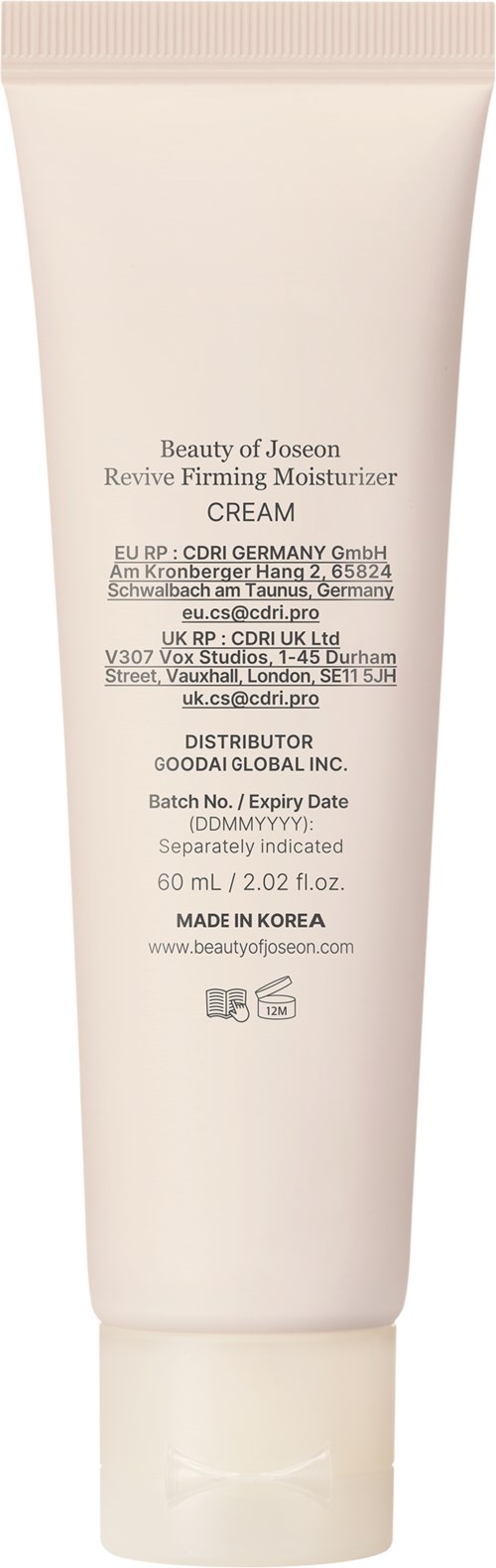 A white tube of moisturizer with black text, labeled as Revive Firming Moisturizer Cream, made in Korea.