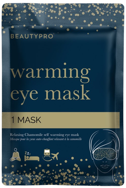 Dunkelblaues Paket für Augenmaske mit goldenen und weißen Punkten. Es sagt 'warming eye mask' und zeigt eine einfache Zeichnung einer Person mit Augenmaske.