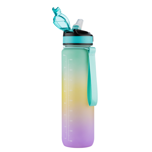 En plastflaske med regnbuefargede gradient, stropp og lokk med helletut.