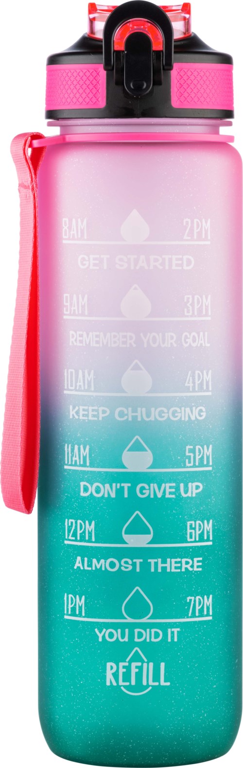 En rosa og blå vannflaske med motiverende tidsmerker og meldinger, inkludert "GET STARTED," "KEEP CHUGGING" og "REFILL."