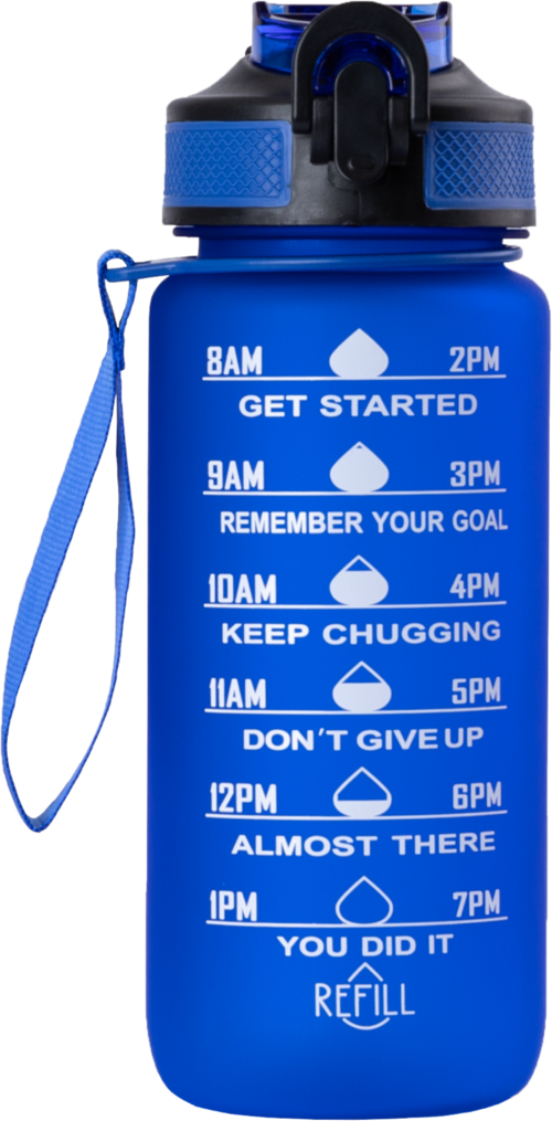 Eine blaue Wasserflasche mit motivierenden Nachrichten und einem Zeitplan von morgens bis abends. Sie hat einen Tragegurt und ein Nachfüllsymbol.