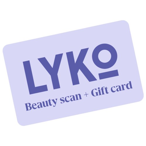 Et lilla LYKO-gavekort med tekst 'Beauty scan + Gift card' og logo. Litt skjevt. Enkel og ren design.