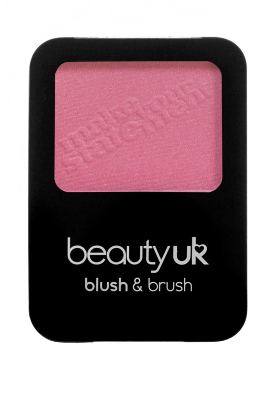 En rosa rouge i ett svart rektangulärt fall med ett tydligt fönster, märkt 'beauty uk blush & brush.'