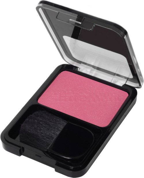 En liten svart makeup-palett med rosa rouge och en borste inuti, plastlock öppet.