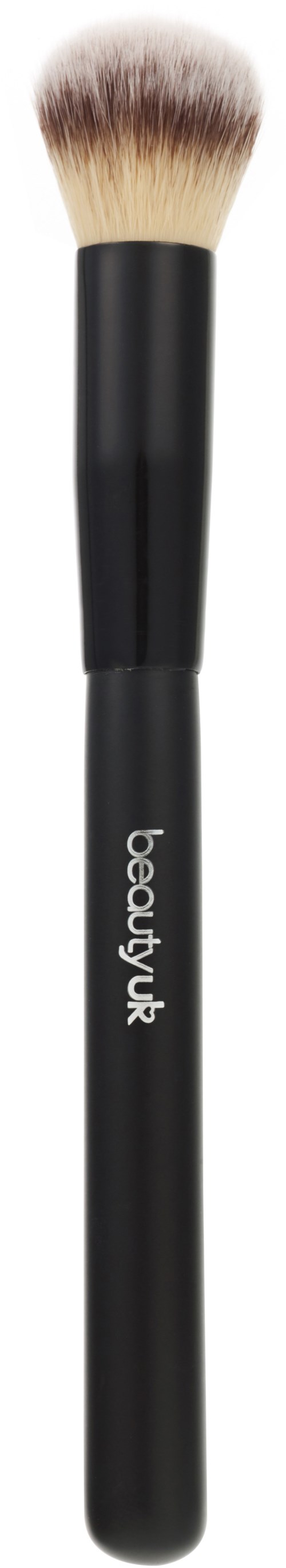 A makeup brush with black handle and fluffy bristles, labeled "beauty.uk".