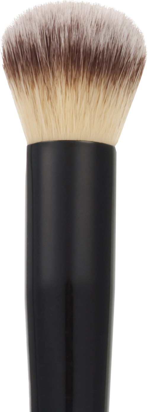A makeup brush with a dark handle and fluffy, light-colored bristles.