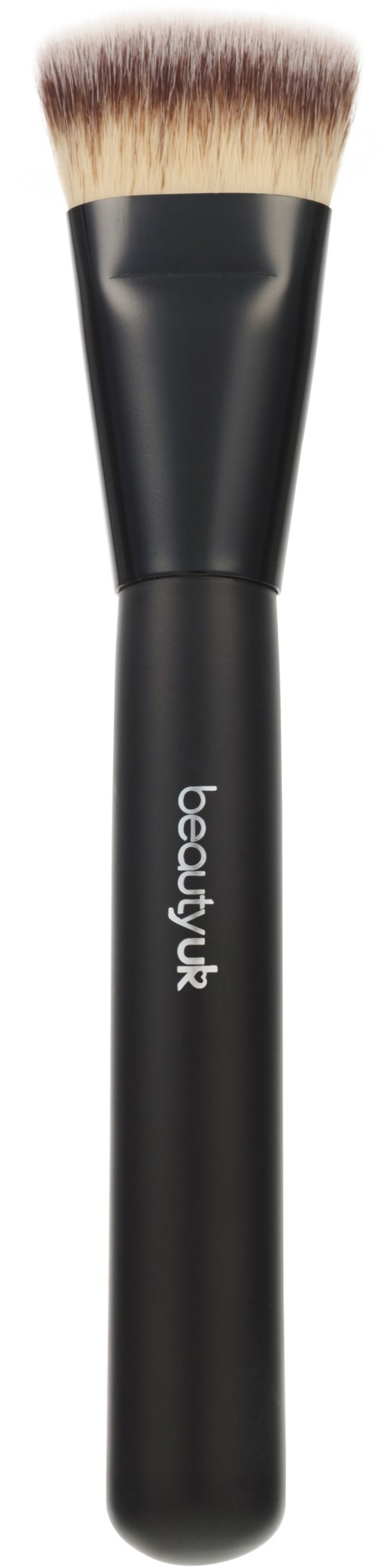 Ein Make-up-Pinsel mit schwarzem Griff und weichen Borsten, beschriftet "beauty" am Griff.