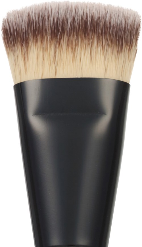 Eine große Make-up-Bürste mit weißen und braunen Borsten und schwarzem Griff.