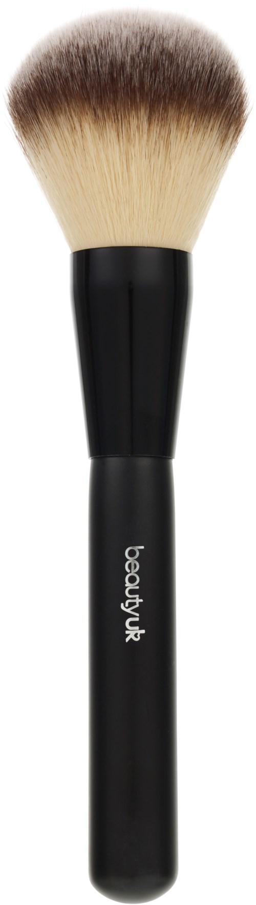 A makeup brush with a black handle and white bristles that fade to brown at the tips.