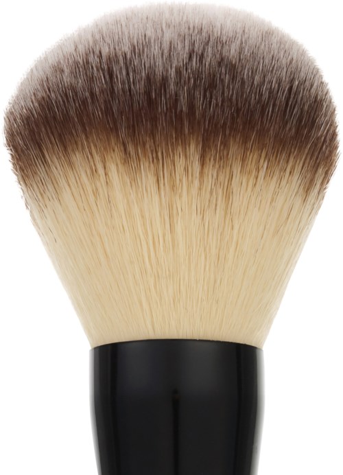 A makeup brush with a black handle and soft, fluffy bristles that are dark at the top and light at the bottom.