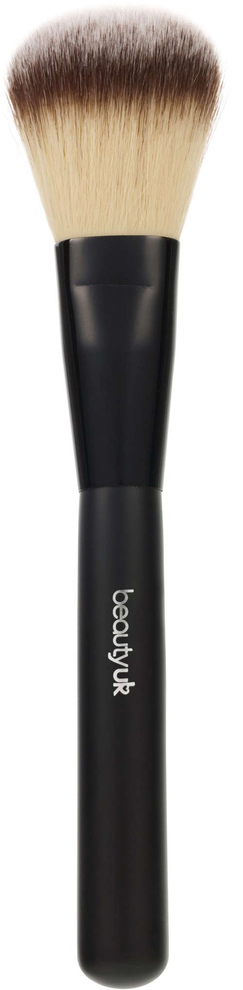 A makeup brush with black handle and soft white bristles, labeled "body{%20".