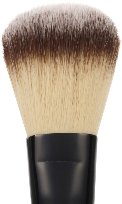 A makeup brush with black handle and soft, fluffy bristles that are darker at the top and lighter at the bottom.