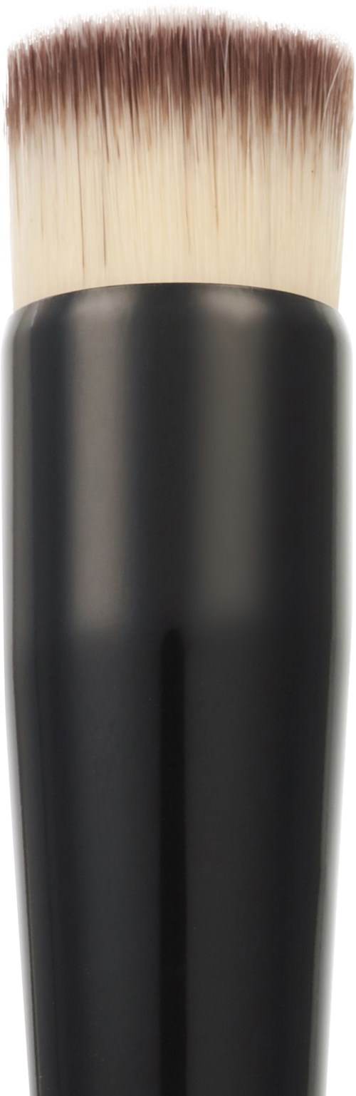 Ein Make-up-Pinsel mit schwarzem Griff und weißen Borsten, zum Auftragen von Puder oder Foundation.