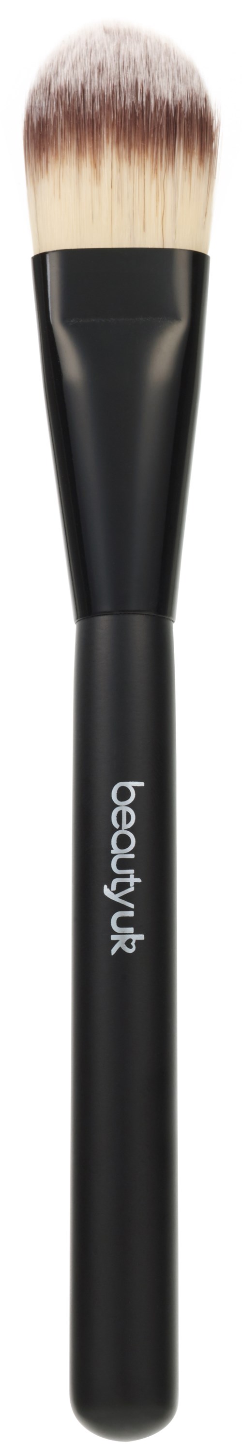 A makeup brush with a black handle and soft bristles, labeled "beauty ut."