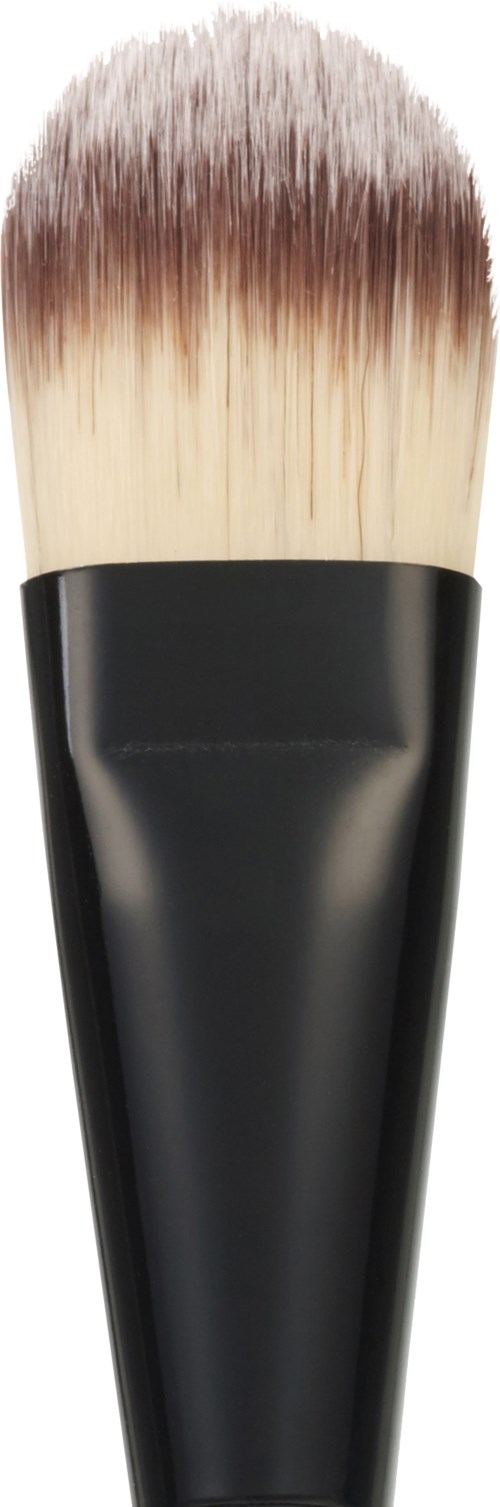 A makeup brush with black handle and white-brown bristles, designed for applying cosmetics.