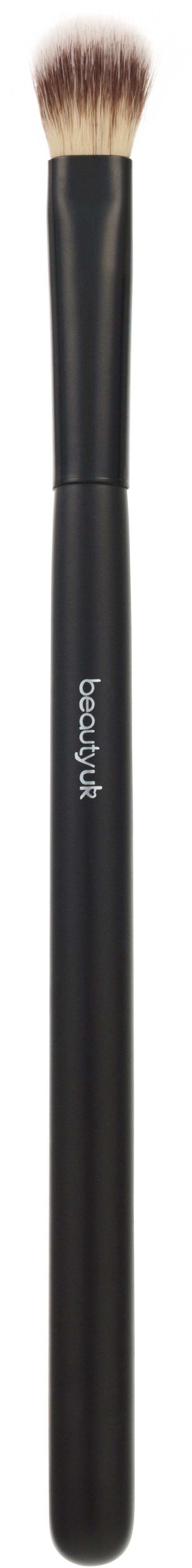 A black makeup brush with soft bristles and the word 'beauty' on the handle.