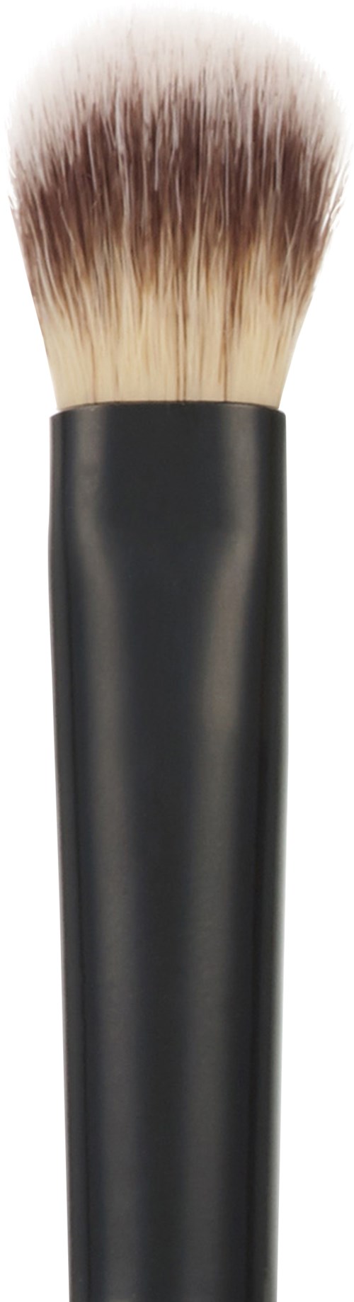 A large makeup brush with a black handle and soft, fluffy bristles. The bristles are light brown at the tips.