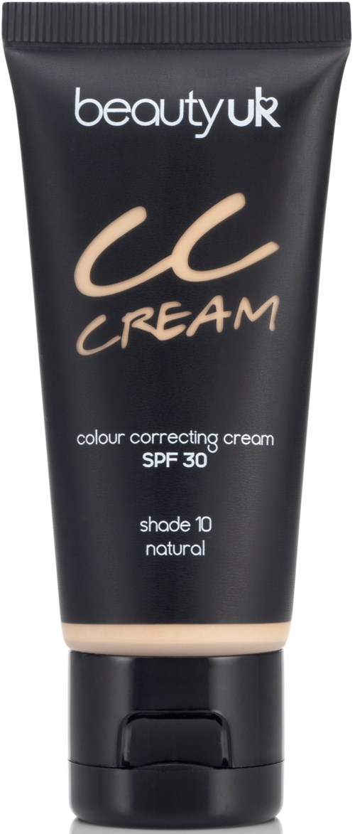 En svart tub med CC-kräm och beige lock, märkt 'beautyuk' och SPF 30, för färgkorrigering och naturlig nyans.