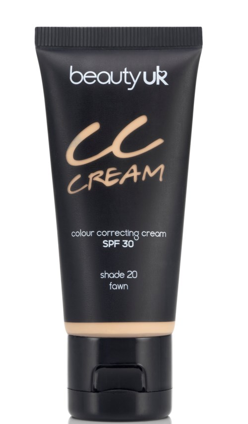 En svart tub med beauty uk CC-kräm med SPF 30, nyans 20 fawn, har beige detaljer och en flip-lock
