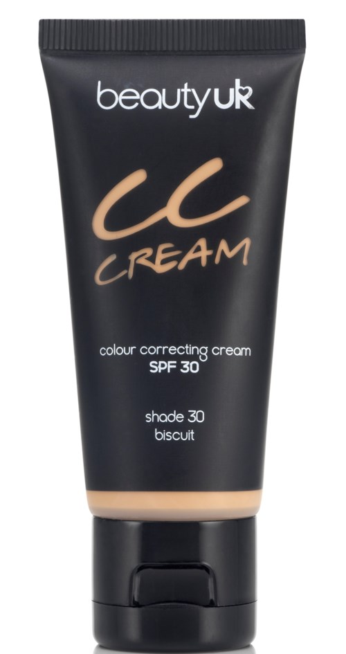 En svart tub med BB-kräm från beauty uk med beiget lock, märkt som färgkorrigerande, SPF 30, nyans 30 biscuit.