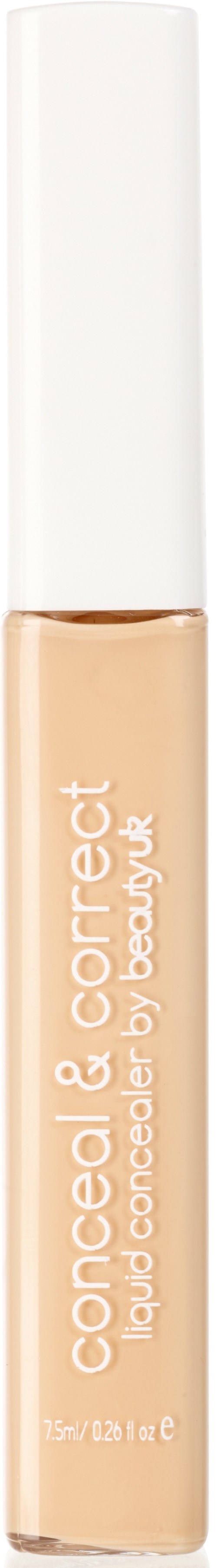 En beige flytande concealer i en liten flaska med vit kork, märkt "conceal & correct" av beauty uk.