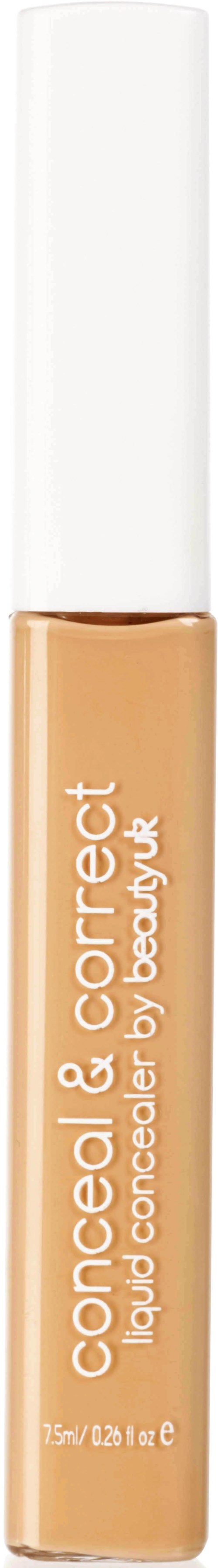 Beige flüssiger Concealer in transparenter Tube mit weißem Deckel, beschriftet 'conceal & correct' von Beauty UK.