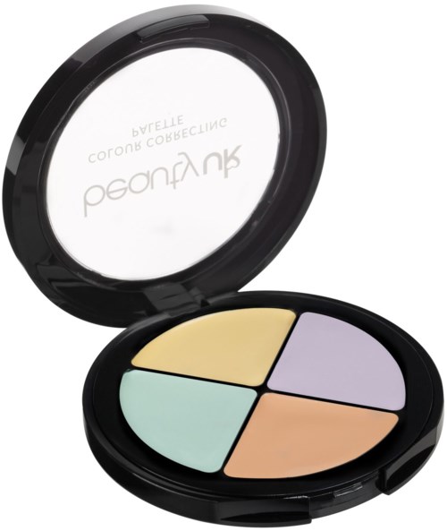 En makeup-förpackning med fyra pastellfärgade sektioner, öppen för att visa produkterna. Locket har en spegel och text.