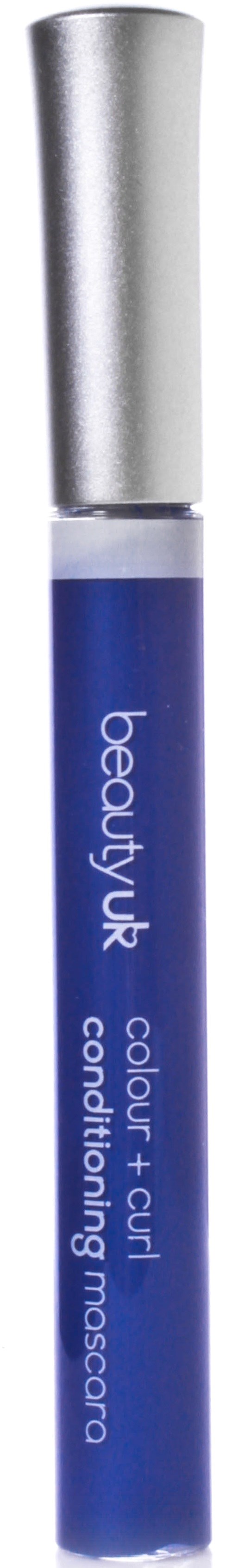 En blå mascara-rör med silverlock, märkt 'beauty uk' och 'colour + curl conditioning mascara.'