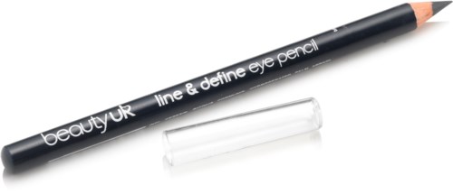 En svart øyenstift med hette, merket 'beauty VR line & define eye pencil,' og en klar hette.