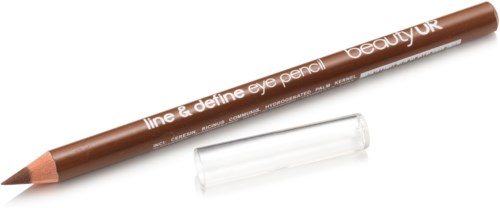 En brun blyant merket "line & define eye pencil" med gjennomsiktig kork og svart bakgrunn.