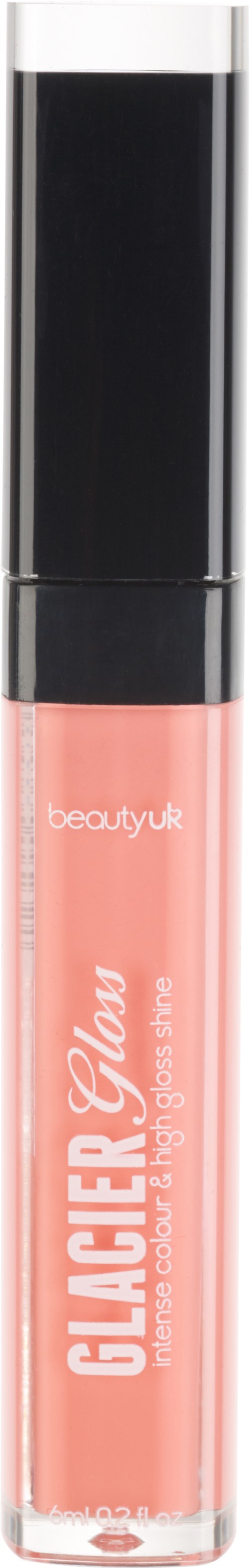Huultenkiiltoputki, jossa musta kansi ja vaaleanpunainen neste. Teksti sanoo 'GLACIER Glow' ja 'beautykur.'