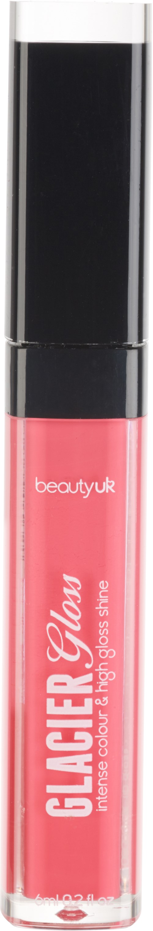 Värikäs huulikiilto läpinäkyvässä putkessa, jossa musta kansi, teksti 'GLOSSIER Bloom'.