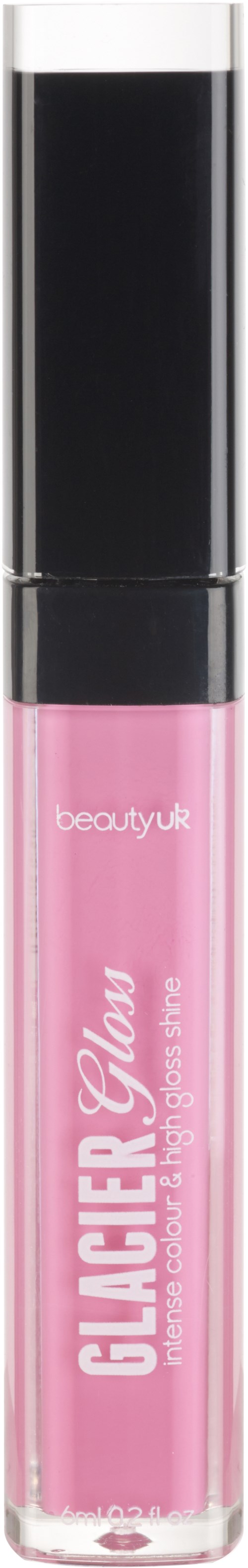 Pinkki huulikiilto, jossa musta korkki, merkintä 'BLACKER GLOSS' ja 'beautyuk'.