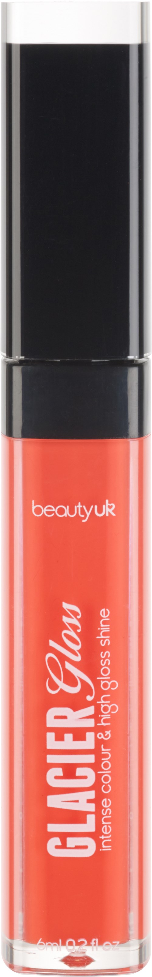 Huulikiiltoputki mustalla korkilla ja oranssilla kehyksellä, merkitty 'GLOSSIER' ja 'CLARIFIQUE' by beautyuk.