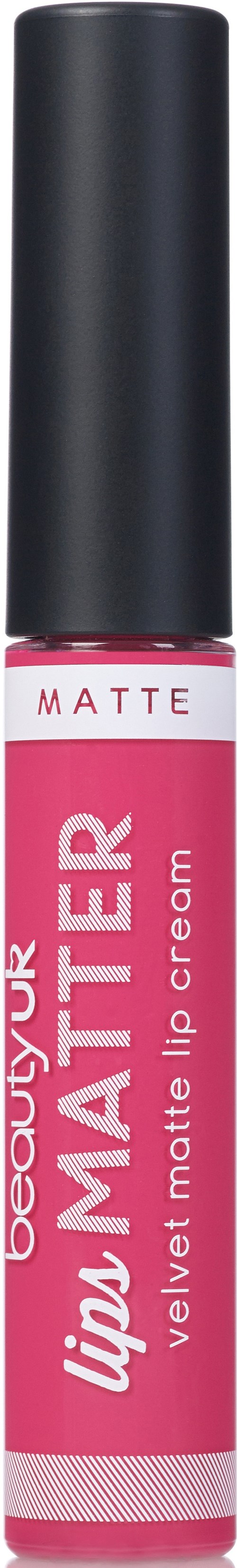 A pink tube of lip cream with a black cap, labeled as velvet matte lip cream, matte finish.