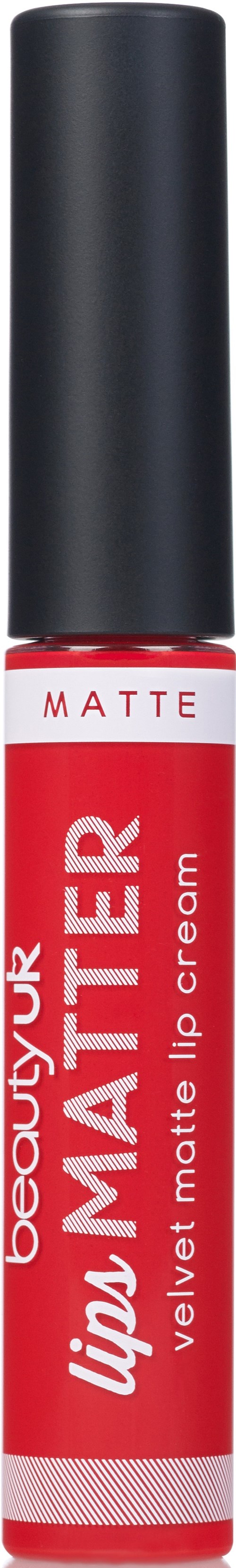 A red tube of lipstick with a black cap and white text, labeled "Lip It Up Matte".