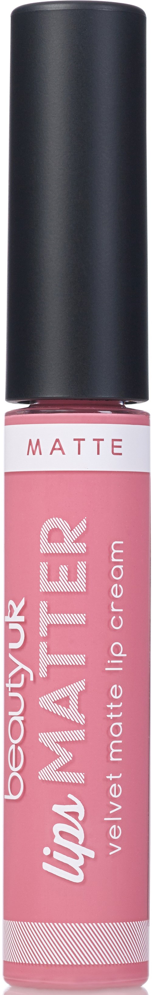 Lip cream tube with a black cap, pink label, and white text that says 'belonging to your lips' and 'matte' with a matte finish.