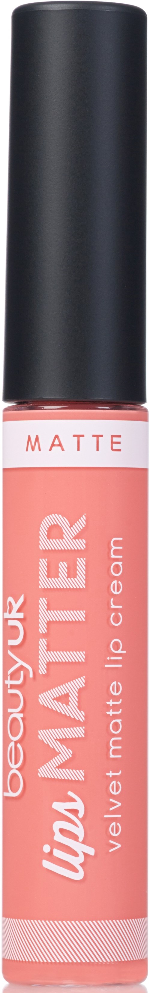 Ein rosa Lippencreme mit schwarzem Deckel, gekennzeichnet als velvet matte. Es ist ein Kosmetikprodukt für die Lippen.
