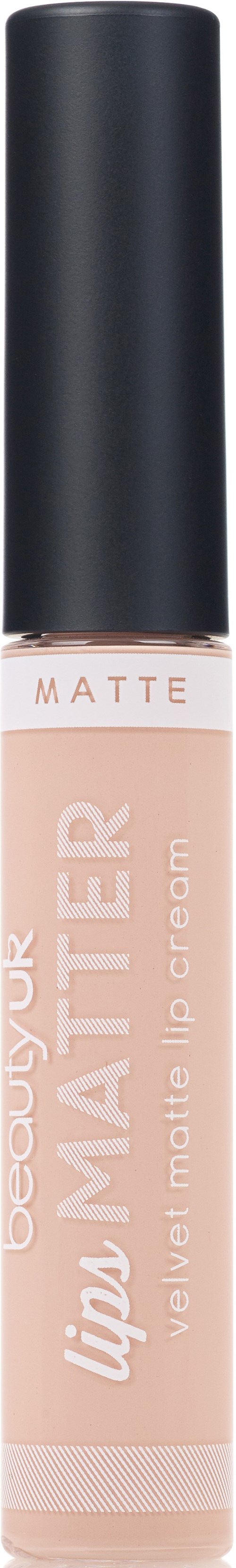 A lip cream tube with a black cap, beige color, and words "velvet matte" and "lip cream" written on it.