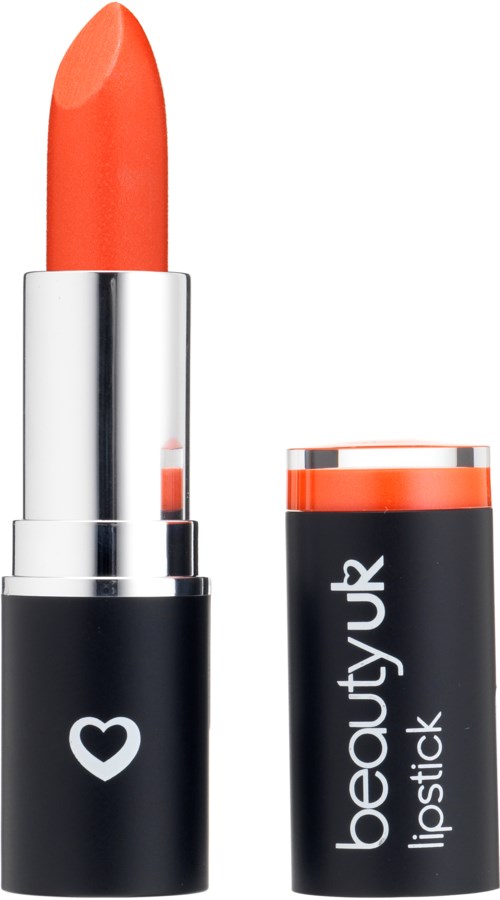 Rosa läppstift i svart tube med en vit hjärta, locken är av. Tuben säger 'beautyUK lipstik'.