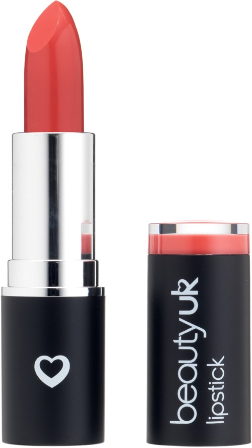 Ett rosa läppstift i ett svart hölje med en vit hjärtsymbol och orden "beautyYUK" och "lipstick".