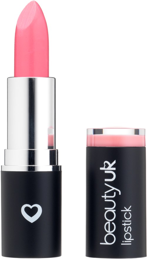 En rosa läppstift med svart lock och vit hjärtsymbol, märkt 'beautyUK lipstic'.
