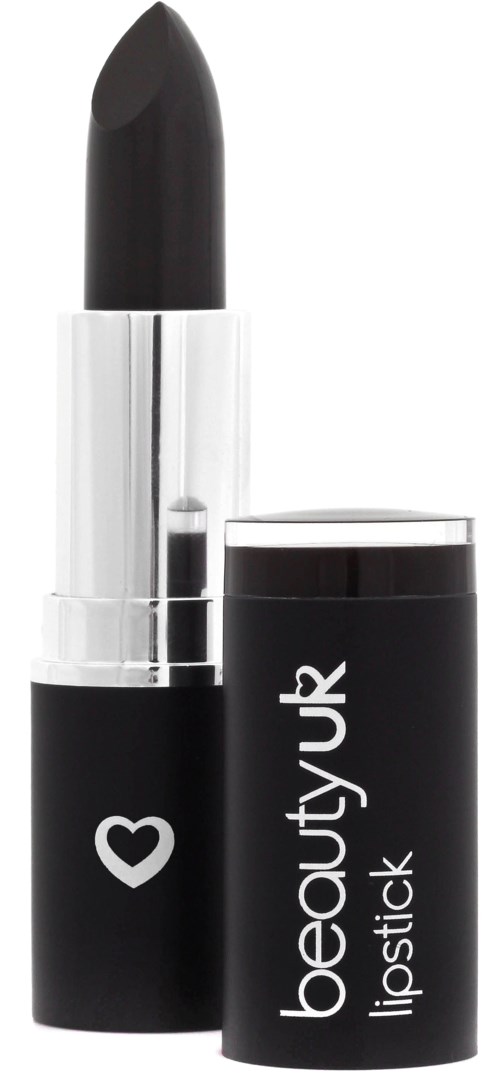En svart läppstift i en svart och silverrör med en hjärt-symbol och texten 'beautyUK lipstick.'