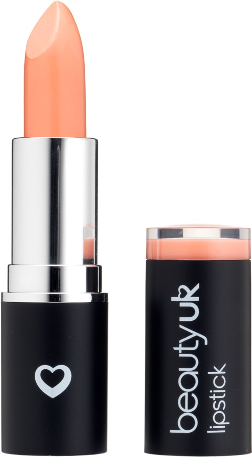 Ett beige läppstift med svart rör märkt 'beautyYUK lipstick' och en liten vit hjärta.