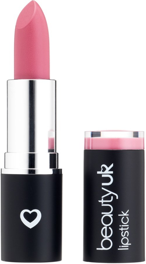 Ett rosa läppstift i svart tub med en hjärtform och texten "beauty UK lipstick".