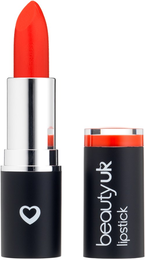 Röd läppstift i en svart och silverrör med ett vitt hjärta och text som säger 'beautyUK lipstick'.