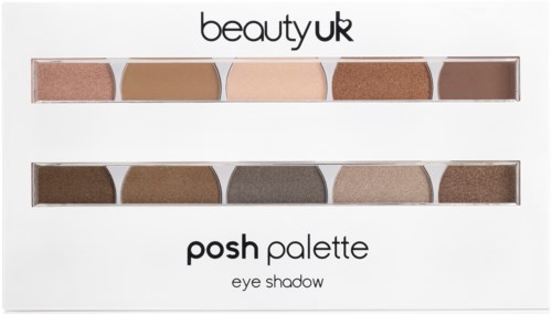 Två rader av ögonskuggor i en vit låda, märkt 'posh palette' av beauty uk, med nyanser från ljus till mörk.