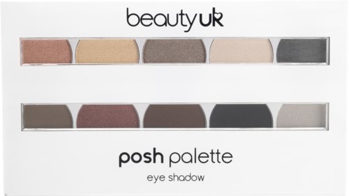 En makeuppalett med tio ögonskuggor i neutrala och mörka nyanser, märkt 'posh palette' av beauty uk.