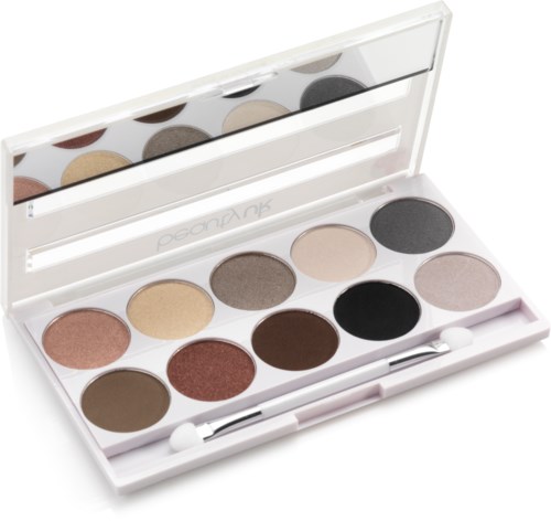 En vit makeuppalett med tolv ögonskuggor i olika neutrala och mörka nyanser med spegel inuti.