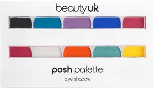 Två rader av färgglada ögonskuggor i en låda med etiketten 'beautyUK' och 'posh palette', med olika nyanser i varje rad.